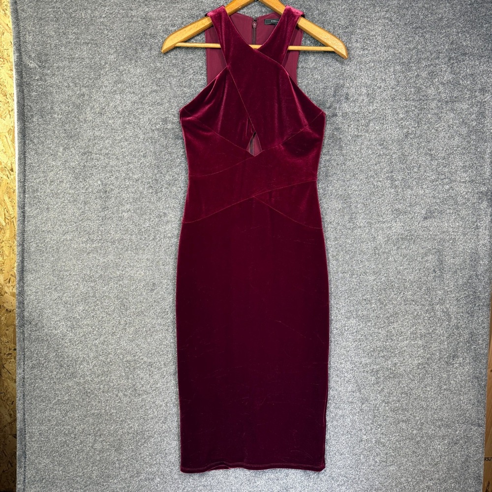 BCBGMAXAZRIA Dress Burgundy Velvet Crisscross Halter Midi Keyhole Cocktail